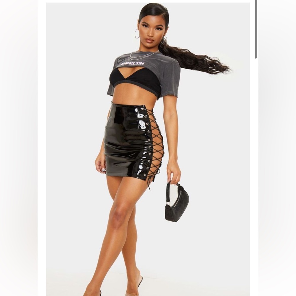 Black Vinyl Lace Up Side Mini Skirt